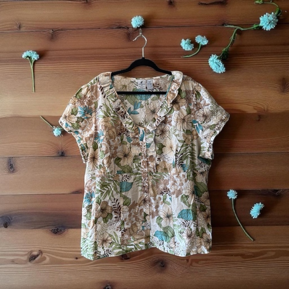 Caribbean Joe Cream w/Brown/Turquoise/Green/Tan Tropical Floral Print Top - Picture 12 of 12